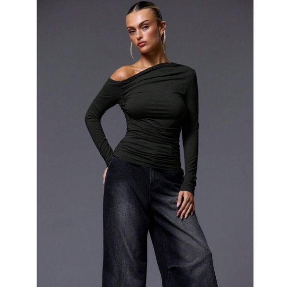 Black Ruched Asymmetric One Shoulder Long Sleeve Shirt Slim Fit Stretchy - Picture 6 of 8